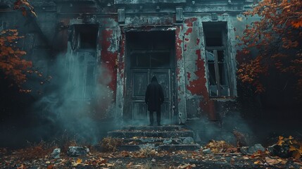Hooded figure stands before a decaying, ornate building obscured by mist and autumnal foliage