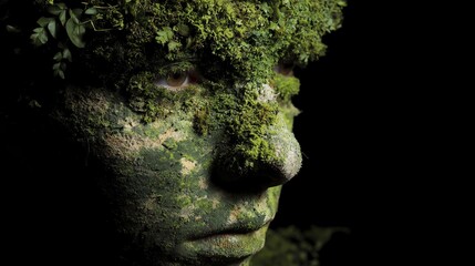 A close-up image of a human face camouflaged with moss and leaves, blending naturally into a dark background.