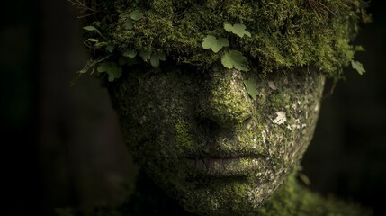 A moss-covered stone face sculpture blending with nature, evoking a mysterious and ancient atmosphere.