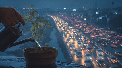 A person waters a small plant in a pot at night, overlooking a busy, light-filled highway with heavy traffic.