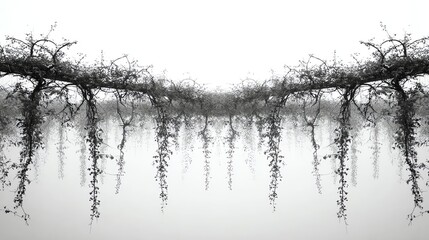Black and white image of a silhouetted tree branch with hanging vines, creating a symmetrical and abstract natural pattern.