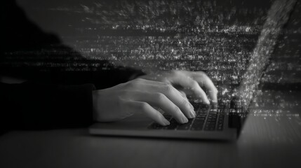 Hands typing on a laptop keyboard with a digital overlay of code, symbolizing cybersecurity or hacking in a dark, moody setting.