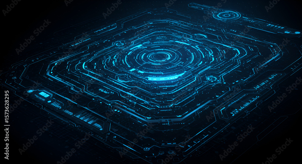 Poster futuristic technology interface with glowing lines and digital pattern aesthetics
