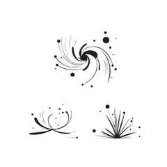 A set of abstract black and white graphic elements, featuring spirals and scattered dots, conveying a sense of cosmic energy and dynamism