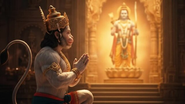 Ancient temple scene with mythical devotee in prayer before golden deity statue bathed in sacred