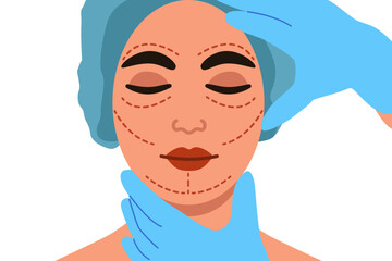 Plastic surgeon's hands holding young girl face with drawing incision lines