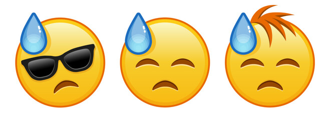 Face in cold sweat Set of three yellow emoji