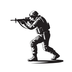 A soldier in tactical gear aims an assault rifle forward, depicted in a dynamic black and white silhouette against a plain background