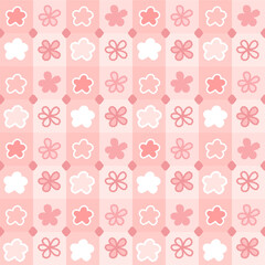 seamless pattern with hearts and flowers, pink floral checkered pattern vector background for baby girl nursery