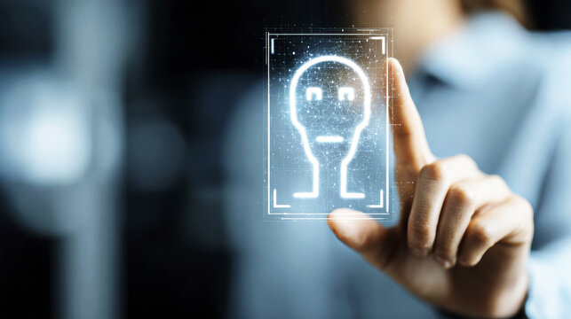 Digital face recognition technology with person pointing at glowing holographic head icon, symbolizing biometric identification and futuristic interface interaction