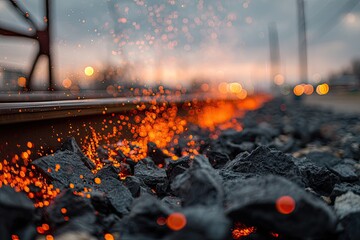 Railroad Tracks Gleaming Underneath Colorful Sunset Sky