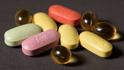 Multicolored Tablets and Capsules Scattered on Surface