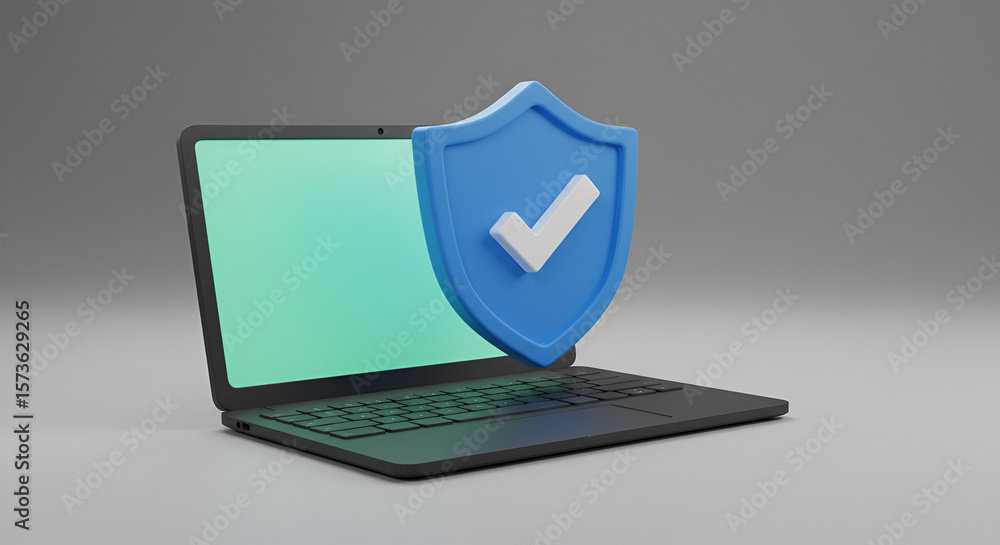 Poster laptop security: rendering of a secure laptop with shield and checkmark symbol
