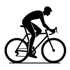 Cycling person icon, black silhouette, side view, bent legs, minimal bike rider clipart