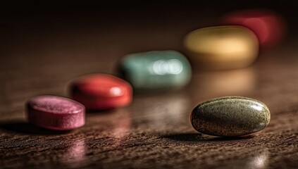 Colorful Candy Discs Reflected On Smooth Surface