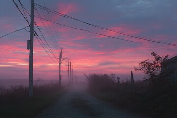 Serene Dusk Pink Skies Over a Foggy Road