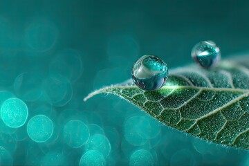 Verdant Leaf Adorned with Crystalline Water Spheres