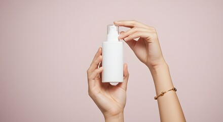 Hands Holding White Cosmetic Bottle with Pump