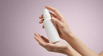 Woman Holding Cosmetic Bottle Mockup on Pastel Pink Background