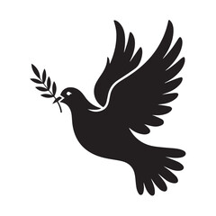 Obraz premium A black silhouette of a dove in flight, carrying an olive branch, symbolizing peace, hope, and new beginnings