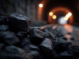 Close-Up of Coal Pile in Mine Shaft, Depicting Fossil Fuels and Energy