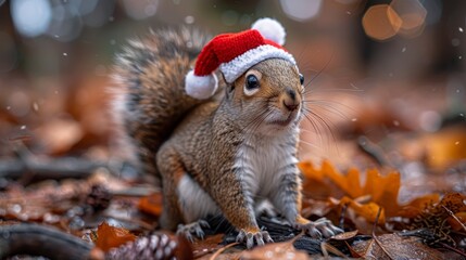 Squirrel wearing a tiny Santa hat sits amidst leaves, blurred bokeh background