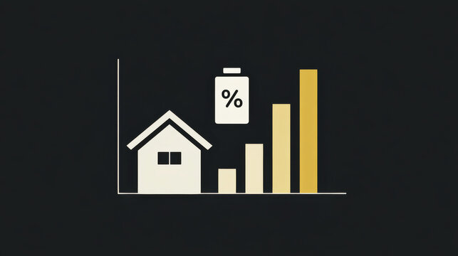 Home battery savings icon floating over grid data with increasing bar chart and percentage symbol, representing energy efficiency and cost reduction in residential power usage
