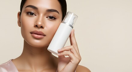 Woman with Radiant Skin Holding Skincare Product Bottle