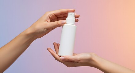 Woman's Hands Holding White Cosmetic Bottle on Gradient Background