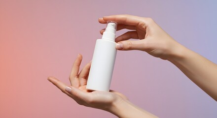 Woman's Hands Holding White Cosmetic Bottle with Pump Dispenser