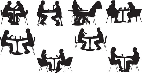 Collection of people sitting at tables, eating, drinking, and talking in silhouette.