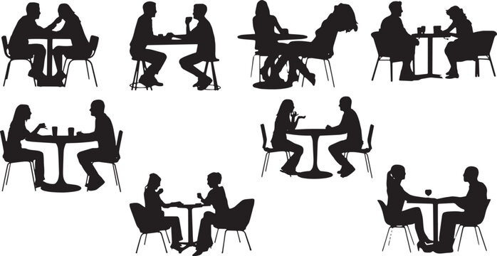 Collection of people sitting at tables, eating, drinking, and talking in silhouette.