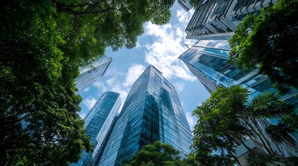 Urban Skyline View: Skyscrapers Framing a Blue Sky Through Green Trees
