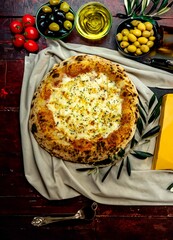 The best and most perfect pizza in the world, in portrait format, top view, and fine art. Chicken with catupiry cheese.