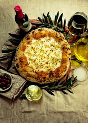 The best and most perfect pizza in the world, in portrait format, top view, and fine art. Chicken with catupiry cheese.