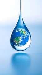A clear, blue water droplet, holding a miniature Earth