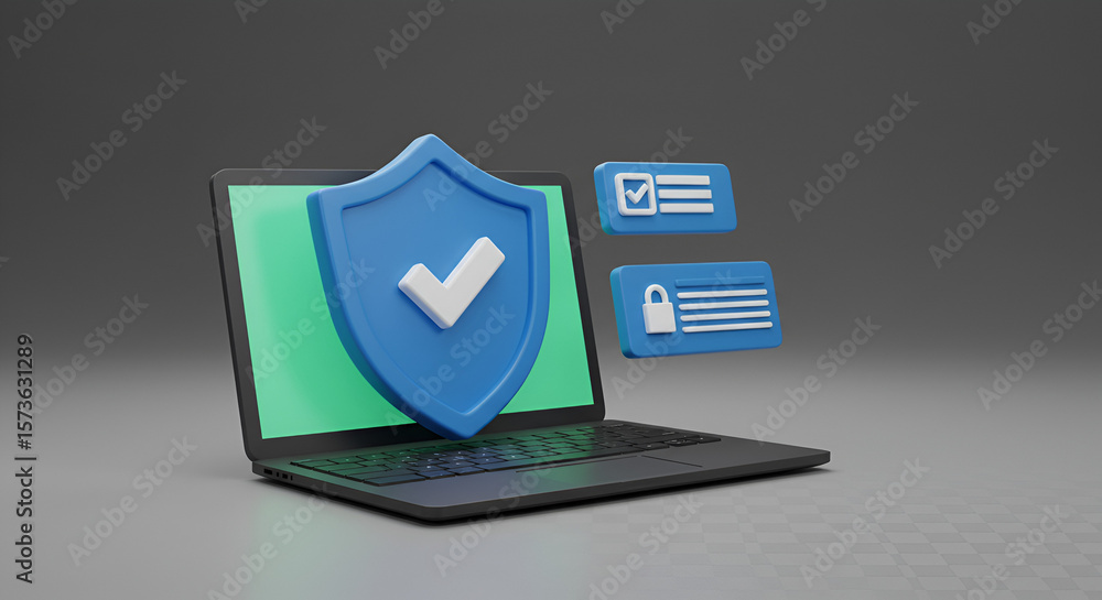Poster secure online transactions concept featuring a laptop and a blue shield with a checkmark
