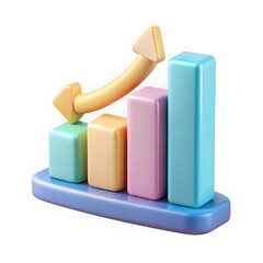 Photo of a colorful 3d bar graph with an upward arrow illustrates business growth and financial success isolated on transparent background