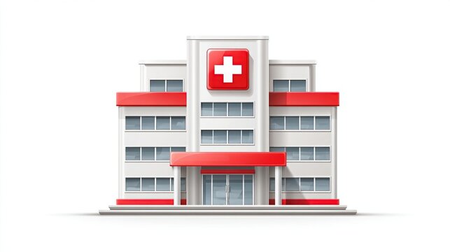 A digitally rendered illustration of a multi-story hospital building with a red cross emblem, showcasing a clean, modern design with red accents and a prominent entrance