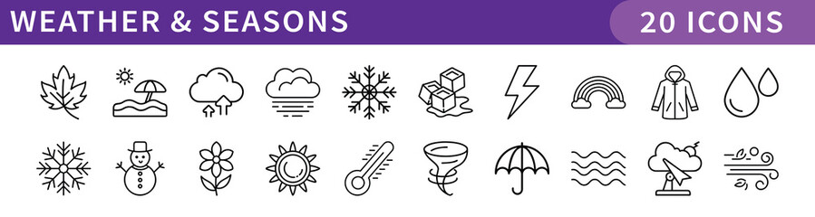 Weather and Seasons Icons Collection, A set of 20 digital icons representing various weather conditions, seasonal changes, and natural elements like rain, snow, and sun.
