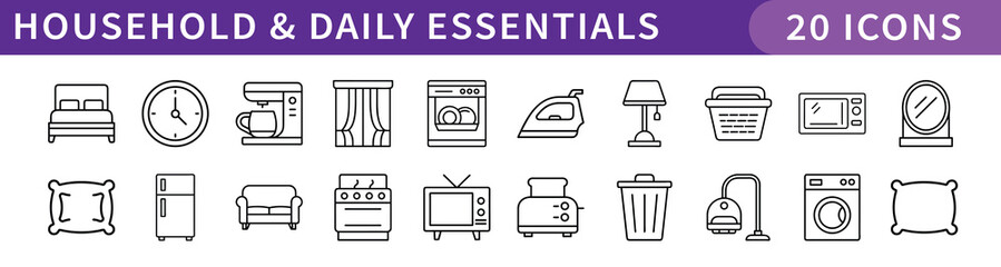 Household and Daily Essentials Icons Set, A collection of 20 digital icons representing household essentials, daily living items, and home appliances for everyday use.
