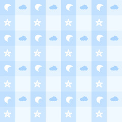baby shower invitation, soft blue checkered sky pattern with clouds, moon and stars – cute minimal vector for nursery, valentine, kids decor