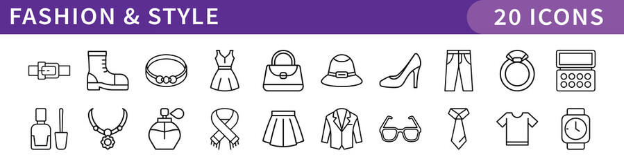 Fashion and Style Icons Set, A collection of 20 digital icons representing fashion, style, and accessories, including clothing, shoes, and jewelry.

