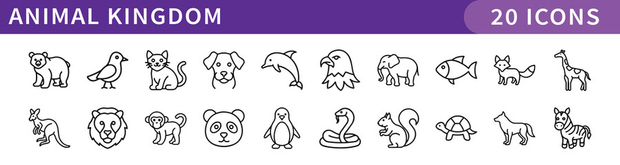 Animal Kingdom Icons Collection, A set of 20 digital icons representing various animals from the animal kingdom, including wild, domestic, and aquatic creatures.
