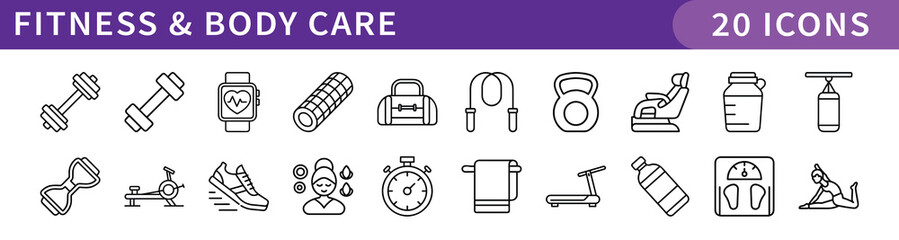 Fitness and Body Care Icons Collection, A set of 20 digital icons representing fitness, body care, and healthy lifestyle activities for wellness enthusiasts.
