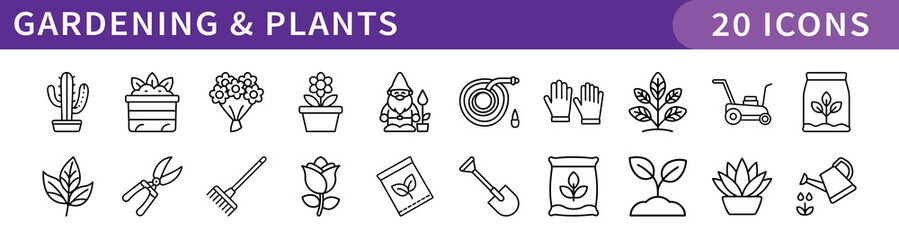 Gardening and Plants Icons Collection, A set of 20 digital icons representing gardening tools, plants, and related activities for gardening enthusiasts.

