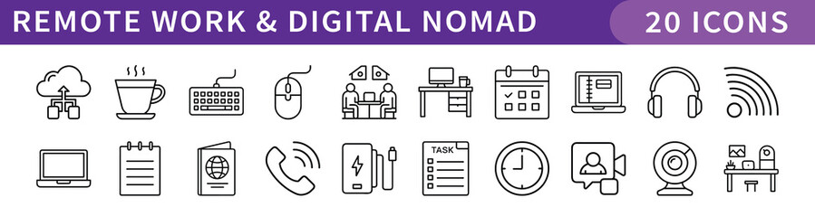 Remote Work and Digital Nomad Icons Set, A collection of 20 digital icons representing remote work, digital nomads, and online collaboration tools.
