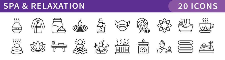Spa and Relaxation Icons Set, A collection of 20 icons representing spa and relaxation, including soothing treatments, essential oils, candles, and wellness activities.
