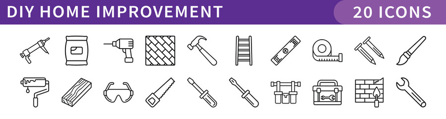 DIY Home Improvement Icons Set, A collection of 20 icons representing DIY home improvement tools and supplies, including drills, hammers, ladders, and measuring tools.
