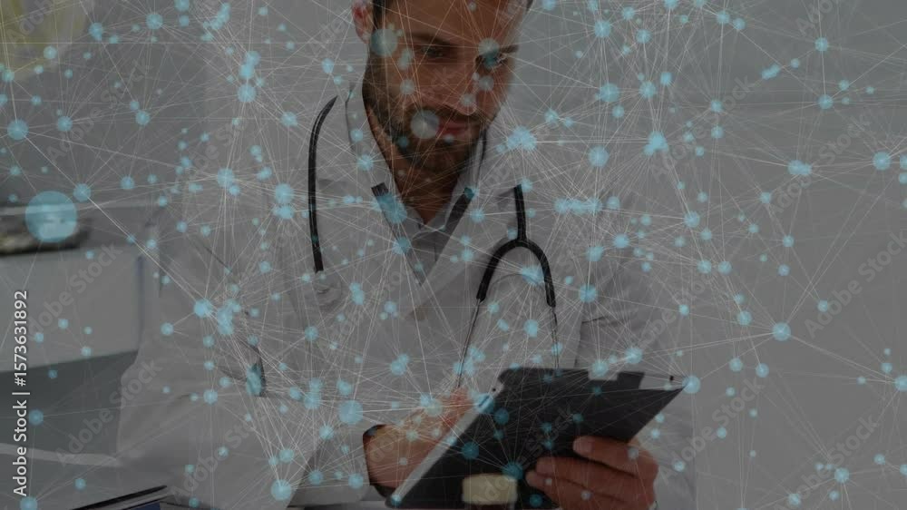 Aufkleber doctor tapping tablet screen and swiping while updating patient data with nodes overlay and smiling